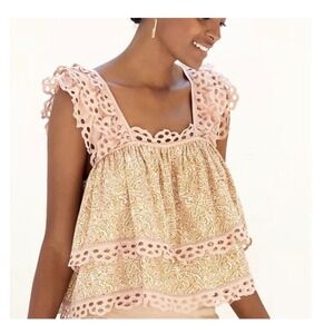Anthropologie Let Me Be Eyelet Tiered Swing Top, Neutral Motif Size M
